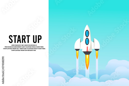 Rocket launch in the sky, cloud, smoke clouds, space. Space ship. interstellar travels. Business concept. Start up template. background. Simple modern cartoon design. Flat vector illustration.