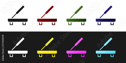 Set Scented spa stick on a wooden stand icon isolated on black and white background. Incense stick. Cosmetic procedure aromatherapy. Vector.
