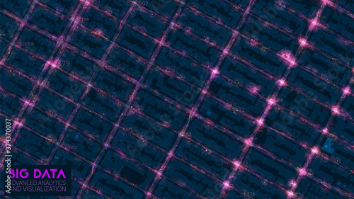 Big data traffic analysis in modern city. Abstract road capacity limits visualization. Car routes net graphic. Urban infrastructure analysis. Complex geospatial data. Visual information complexity.