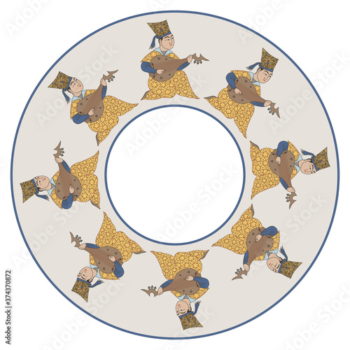 Round ethnic decor, frame or texture with silhouettes of medieval Muslim musician playing lute.