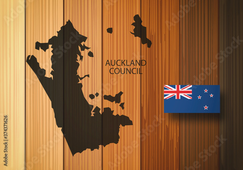 Map of Auckland Council and Flag of New Zealand. Auckland council is the local government council for the Auckland Region in New Zealand, on a wooden background, 3D illustration