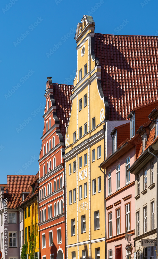 detail view of classic Stralsund old town city center house fronts