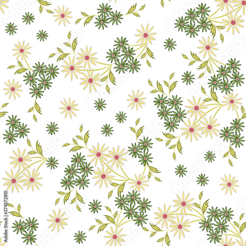 Vector seamless pattern with small scattered flowers  daisies  leaves. Liberty style print. Elegant floral background. Simple ditsy texture. Green  yellow and white color. Repeat design for wallpapers