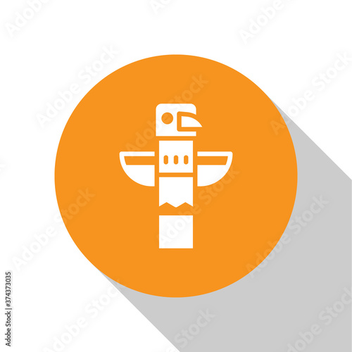 White Canadian totem pole icon isolated on white background. Orange circle button. Vector.