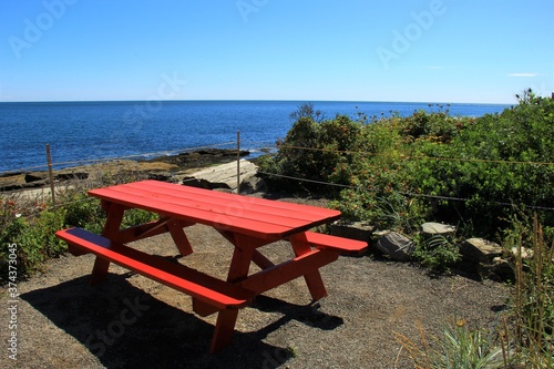 Red Picnic Table by the Ocean, Cape Elizabeth Maine