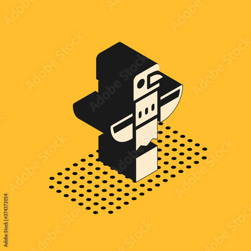 Isometric Canadian totem pole icon isolated on yellow background. Vector.
