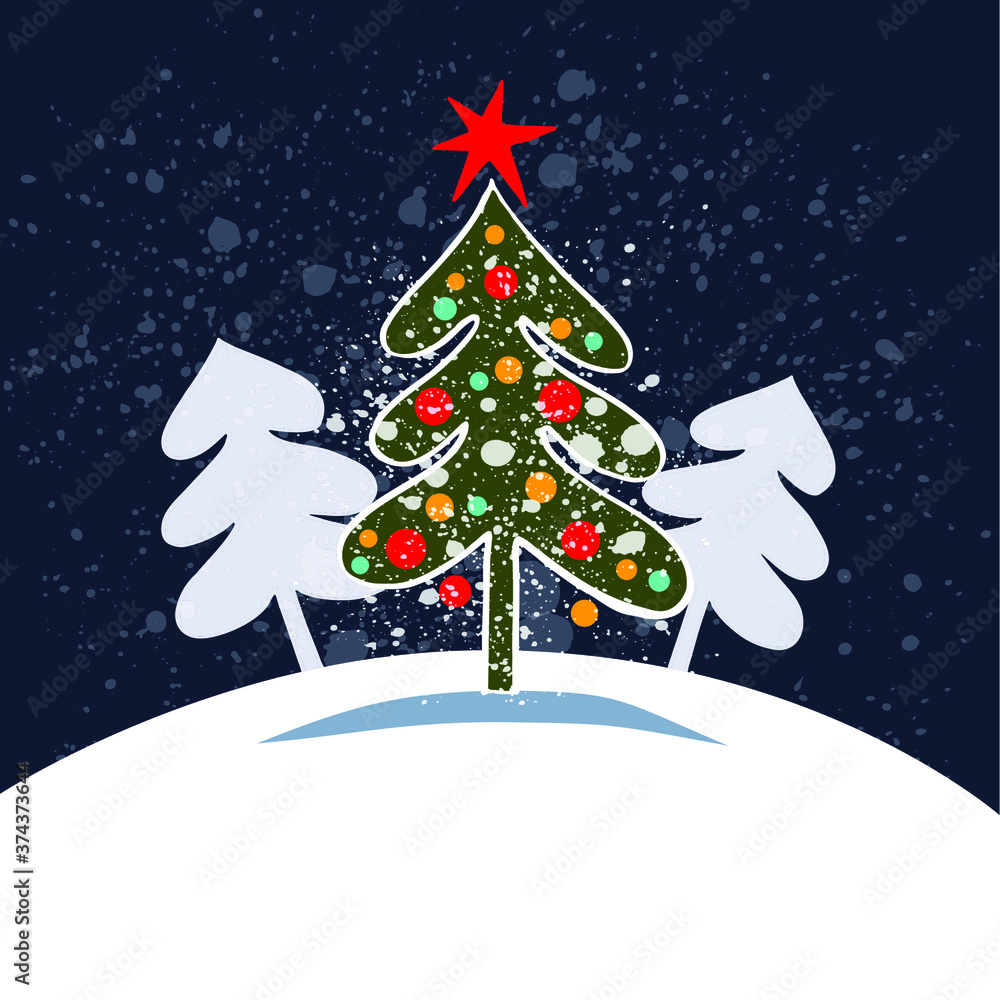 Obraz premium Christmas greeting card with cute Christmas tree on a blue dark textured background. Copy space. 