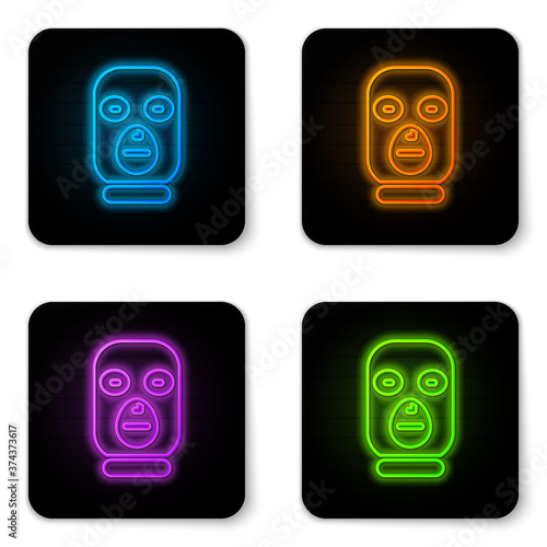 Glowing neon Thief mask icon isolated on white background. Bandit mask, criminal man. Black square button. Vector.