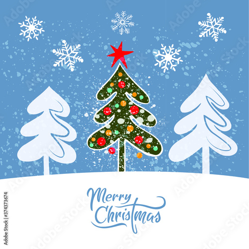 Christmas card. Christmas tree and inscription Merry Christmas.  Winter background.