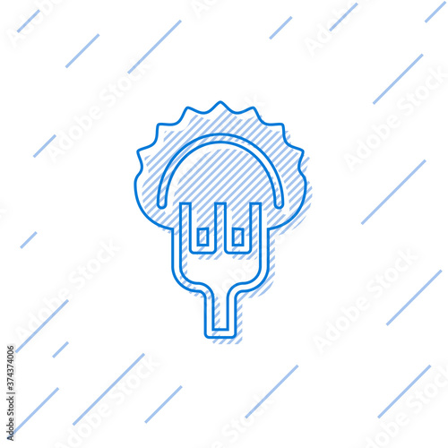 Blue line Dumplings on fork icon isolated on white background. Pierogi, varenyky, pelmeni, ravioli. Traditional Ukrainian food. Vector.