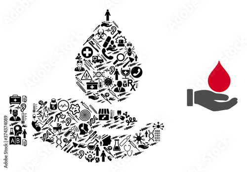 Mosaic blood donation of health care symbols and basic icon. Mosaic vector blood donation is formed with health care icons. Abstract design elements for hospital wallpapers.