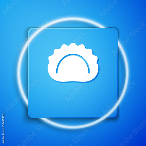 White Dumplings icon isolated on blue background. Pierogi, varenyky, pelmeni, ravioli. Traditional Ukrainian food. Blue square button. Vector.