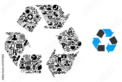Mosaic recycle arrows from medical items and basic icon. Mosaic vector recycle arrows is composed from health items. Flat illustrations elements for pharmacy illustrations.