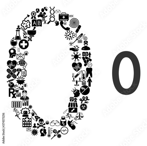 Mosaic zero digit of health care items and basic icon. Mosaic vector zero digit is composed of health care symbols. Flat illustrations elements for pandemic wallpapers.