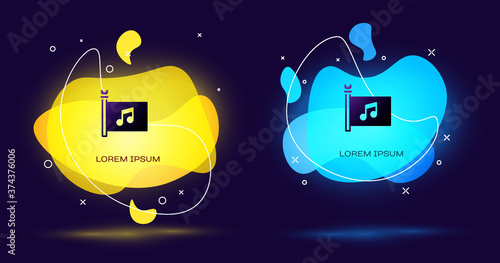 Black Music festival, access, flag, music note icon isolated on black background. Abstract banner with liquid shapes. Vector.