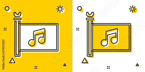 Black Music festival, access, flag, music note icon isolated on yellow and white background. Random dynamic shapes. Vector.