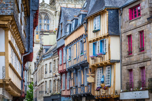 Print op canvas Old houses and cathedral in Quimper, Brittany, France