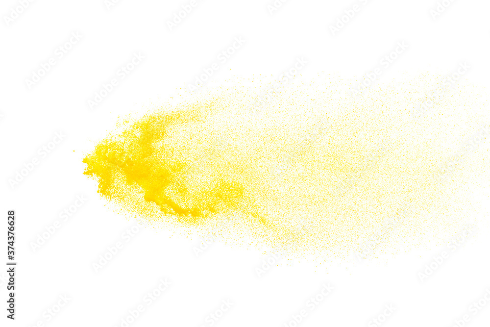 Obraz premium Yellow powder explosion isolated on white background.