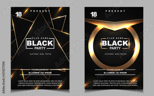 Night dance party cover music layout design template background with elegant black and gold light. Luxury electro style vector for concert disco, club party, event flyer invitation, festival poster