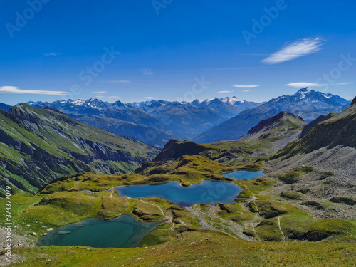Three of the five lakes of Forclaz in the french alps. Near Bourg Saint Maurice. © Franck