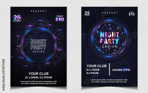Night dance party electro and music cover design template background with elegant style neon color. Colorful light style vector for concert disco, club party, event flyer invitation, festival poster