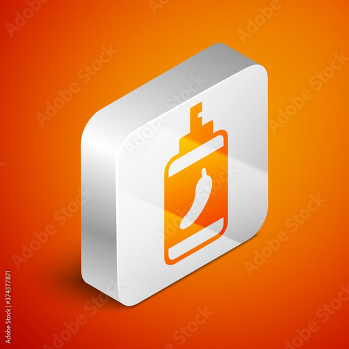 Isometric Pepper spray icon isolated on orange background. OC gas. Capsicum self defense aerosol. Silver square button. Vector.