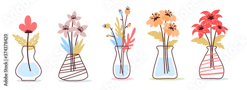 Vector set of romantic illustration of beautiful flower in a vase on white color background. Flat line art style flower design
