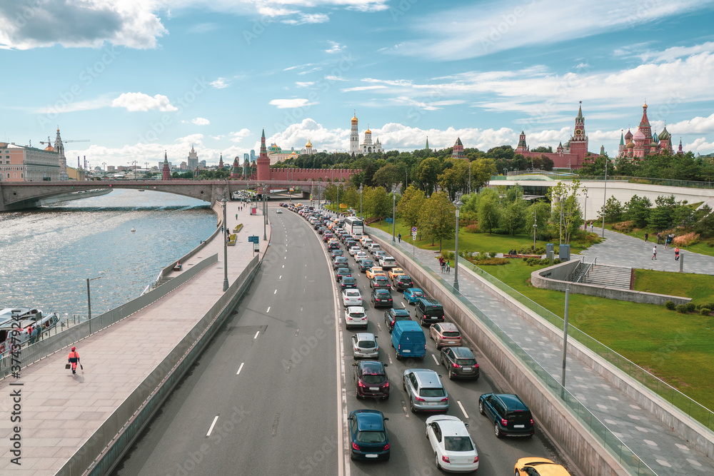 Moscow traffic jam. Cars stands in traffic jam on the city center