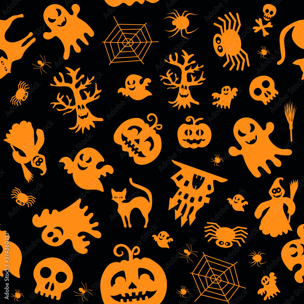 Seamless vector pattern for Halloween design. Halloween symbols: ghost, bat, pumpkin in cartoon style. Vector Illustration.	
