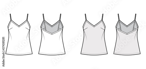 Camisole technical fashion illustration with V-neck, spaghetti straps, relaxed fit, tunic length. Flat outwear tank apparel template front, back white grey color. Women men unisex shirt top CAD mockup