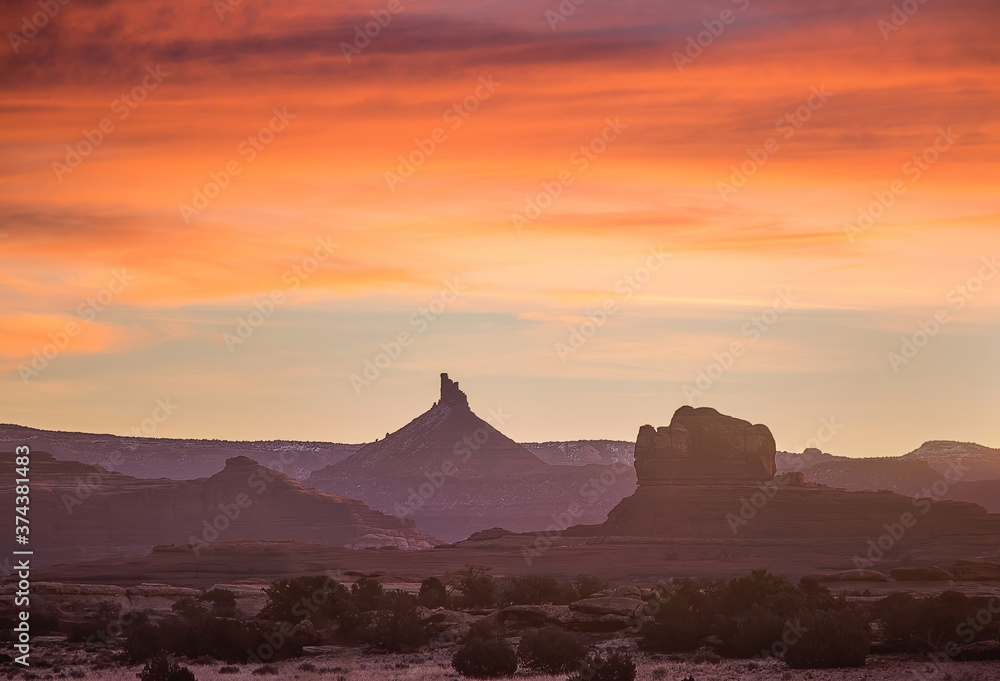 Buttes at sunrise near canyon lands national park.