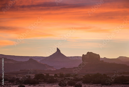 Buttes at sunrise near canyon lands national park.