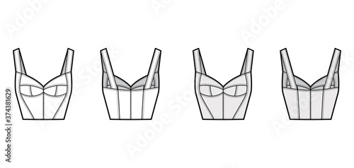 Bustier top technical fashion illustration with corset-style silhouette, molded cups, close fit, back zip fastening. Flat apparel template front, back, white grey color. Women unisex shirt CAD mockup