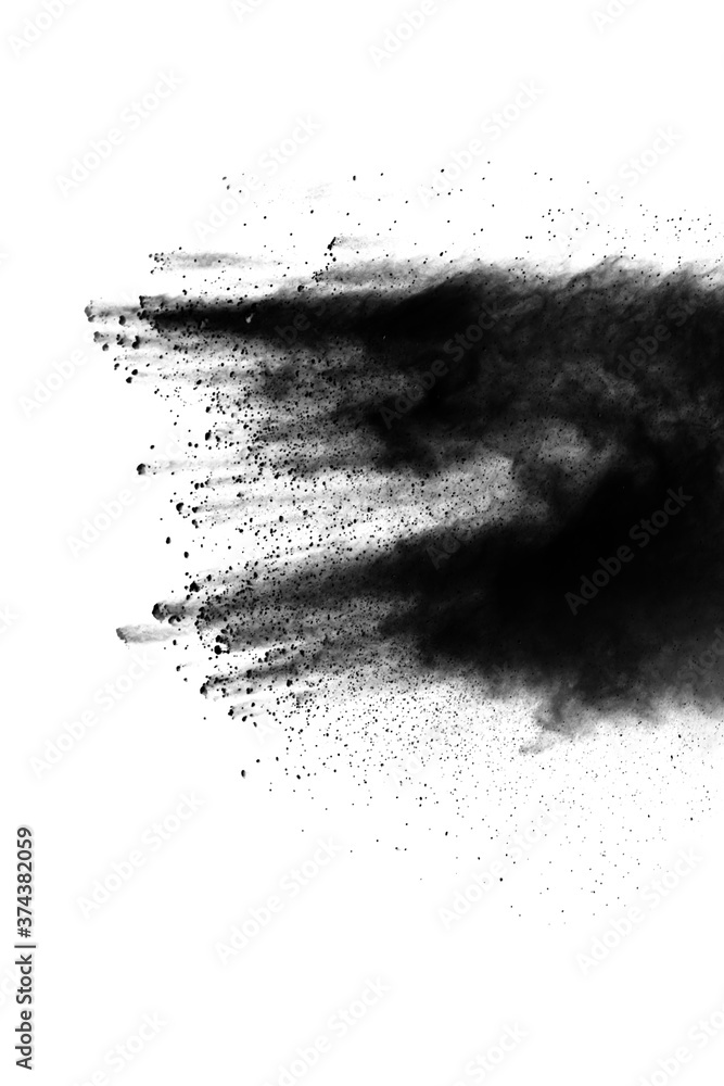 Black powder (Charcoal powder) scattered. Isolated on white background. 