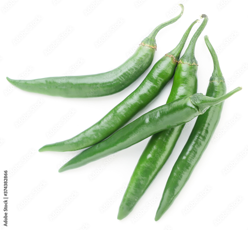 Group of green bitter peppers on white background, isolated. Top view Group of green bitter peppers on white background, isolated. Top view