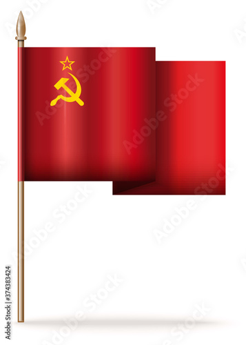 USSR flag on a wooden pole evolving in the wind. Flag of the Union of Soviet Socialist Republics isolated on white background. Vector illustration