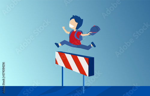 Vector of a boy with backpack jumping over hurdle race obstacle.