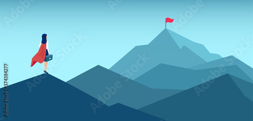 Vector of a super woman looking at her goal, mountain with flag on the top Fotobehang