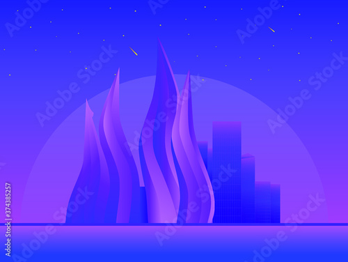 Dubai city skyline, neon illumination. UAE night cityscape architecture background, modern megapolis at Persian Gulf waterfront. Cartoon vector illustration