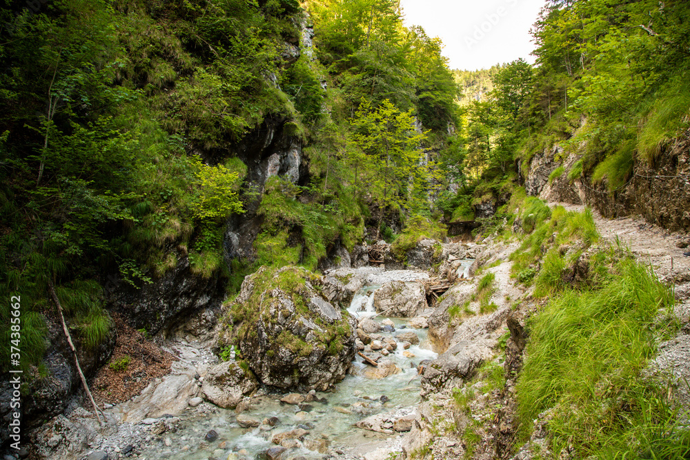 Hiking through the so called Grießbachklamm, a little creek leading through a gorge canyon at a cloudy day in summer. Hiking through the so called Grießbachklamm, a little creek leading through a gorge canyon at a cloudy day in summer.