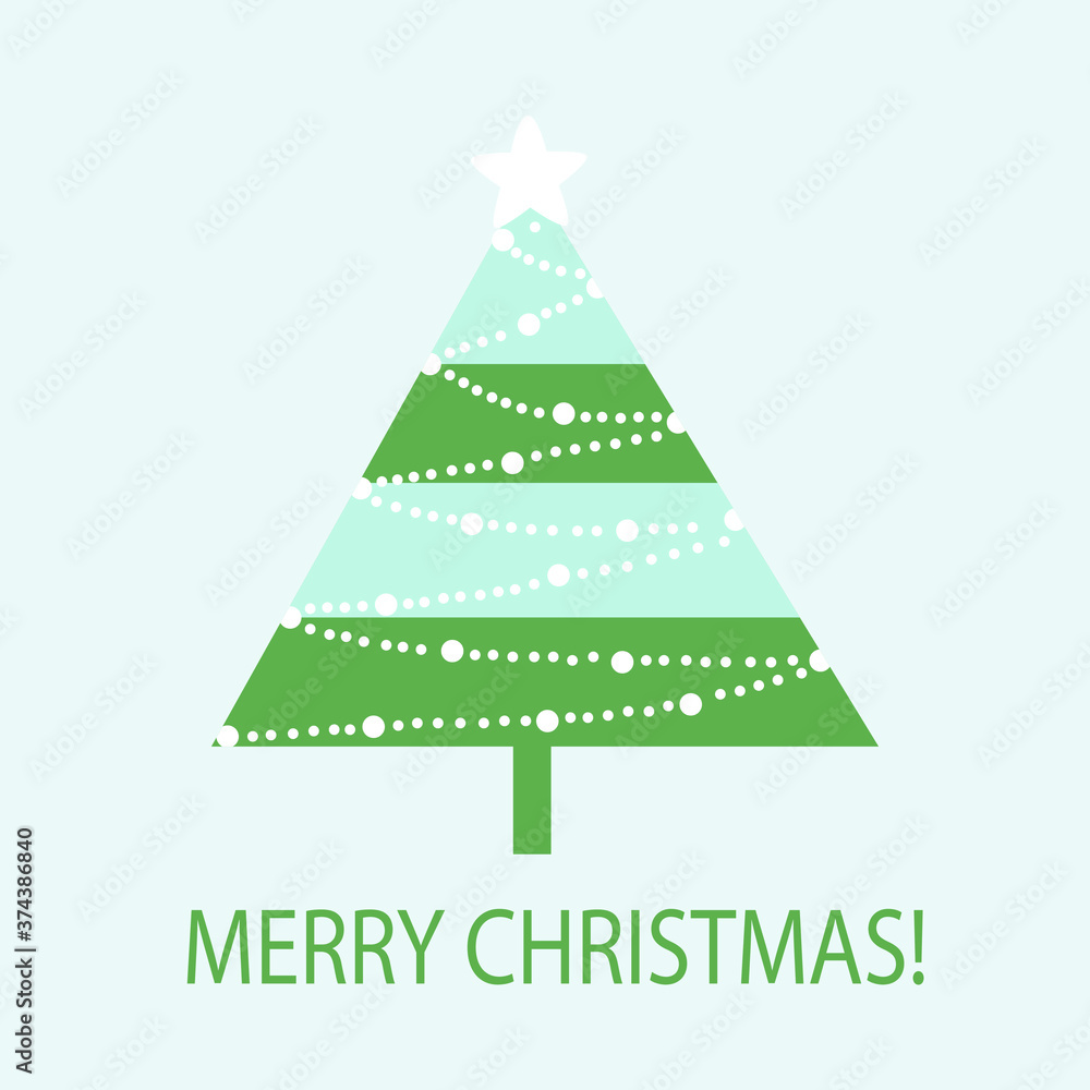 Christmas card with congratulations. New Year tree decorated with Christmas toys - balls, garlands and stars. Festive winter decor. Vector flat illustration Christmas card with congratulations. New Year tree decorated with Christmas toys - balls, garlands and stars. Festive winter decor. Vector flat illustration
