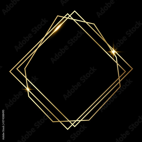 Golden shiny glowing polygonal frame isolated over black