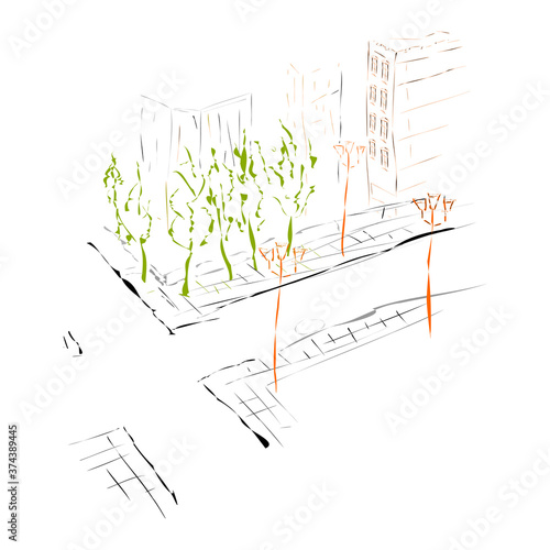 Abstract street panorama. Modern vintage design. Linear sketch on a watercolor textured background. 
Vector illustration
