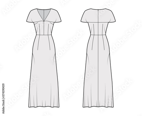 Long dress technical fashion illustration with deep V-neck, cape-effect short sleeves, ancle floor length, A-line fullness. Flat apparel template front back grey color. Women men unisex CAD mockup