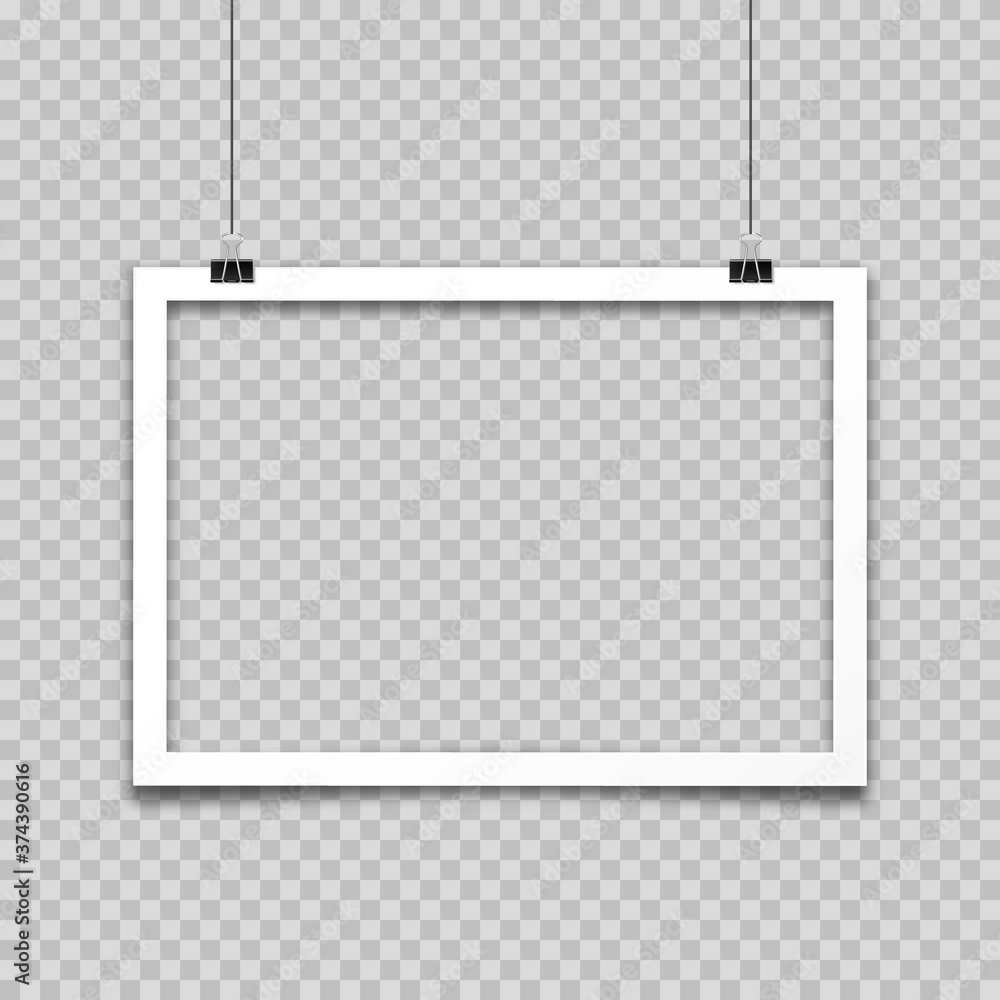 Fototapeta premium Realistic hanging empty photo card frame, film set. Retro vintage photograph. Digital snapshot image. Template or mockup for design. Vector illustration.