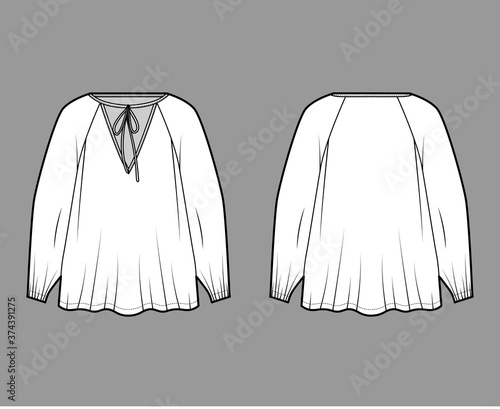 Tie-detailed neckline blouse technical fashion illustration with long raglan sleeves, oversized, elongated flare hem. Flat apparel shirt template front back white color. Women, unisex top CAD mockup