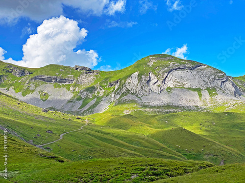 Alpine rock plate Leiteren below the summit Chli Haupt Murmelchopf and over the Aa Alp plateau, Melchtal - Canton of Obwald, Switzerland (Kanton Obwalden, Schweiz) photo