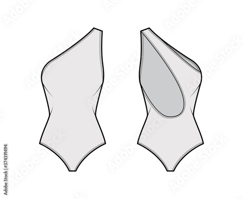 One-shoulder stretch bodysuit technical fashion illustration with open scooped back, medium brief coverage. Flat outwear one-piece apparel template front, white color. Women unisex swimsuit CAD mockup