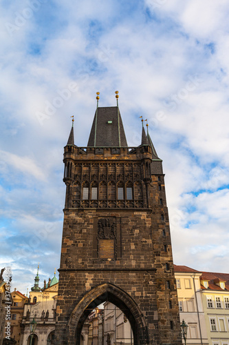 Close up view of Old Town Bridge Tower on Charles Bridge over Vltava river in old town of Prague, Czech Republic