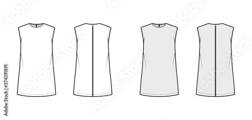 Cady tunic technical fashion illustration with crew neckline, sleeveless, oversized, back zip fastening, elongated hem. Flat shirt template front back white grey color. Women men unisex top CAD mockup